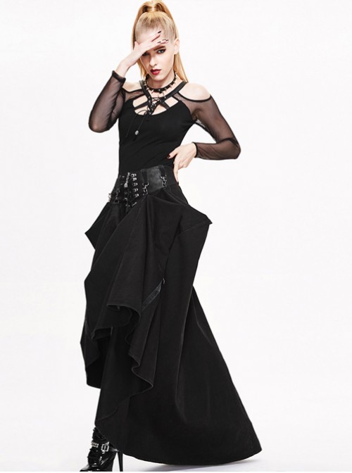 Steam Punk Gothic Black High Waist Binding Band A-line Skirt
