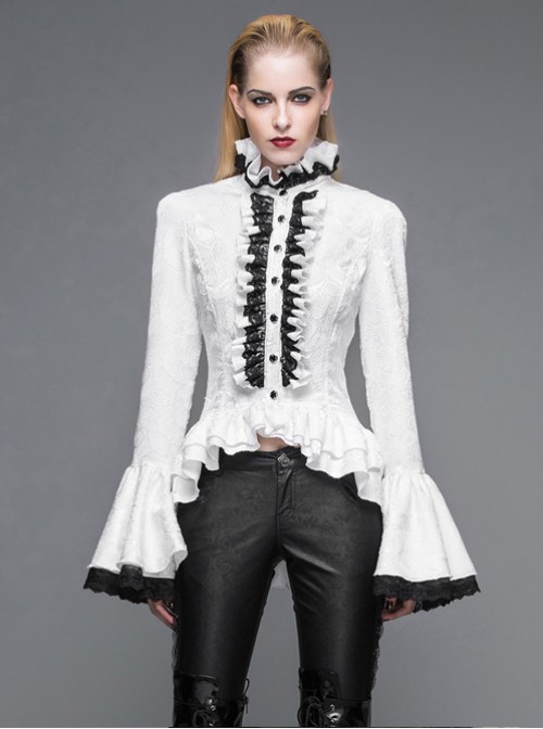 Steam Punk Gothic Palace Style Lotus Leaf Sleeves Slim Fit Stand Collar Shirt For Women