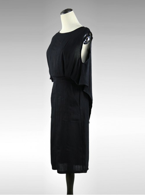 Black Cotton-linen Slim Fit Medium Length Sleeveless Dress Dress