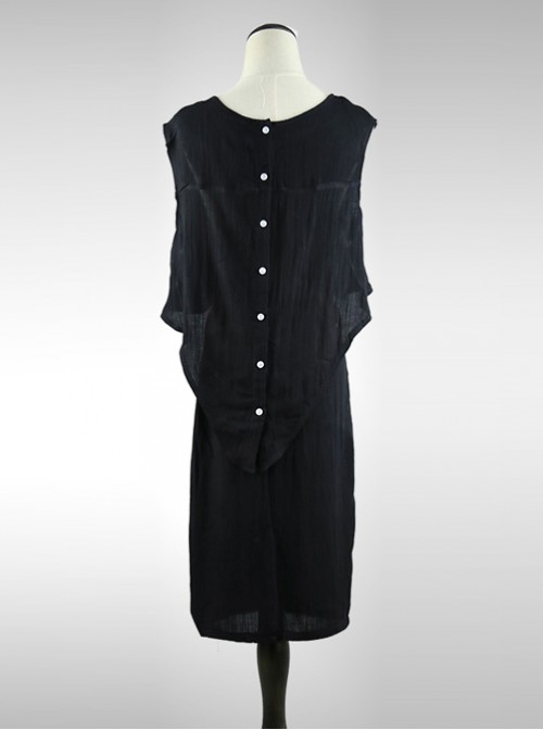 Black Cotton-linen Slim Fit Medium Length Sleeveless Dress Dress