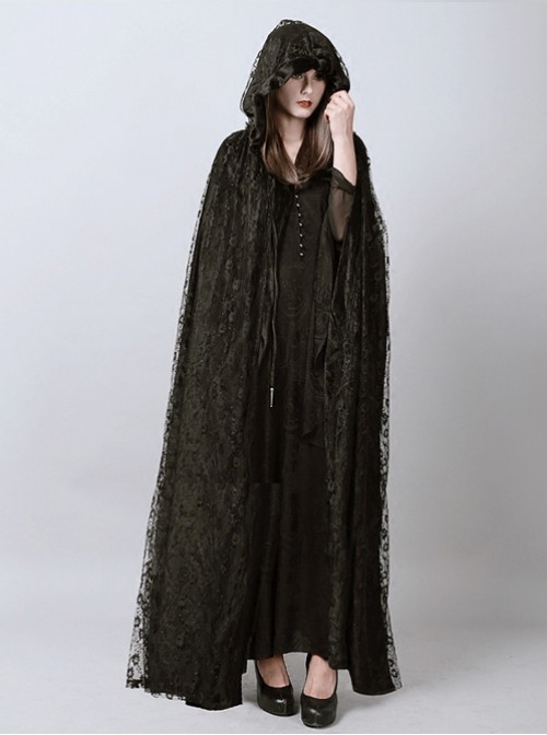 Steam Punk Gothic Dark Mystical Sacrifice Black Lace Women's Long Cloak