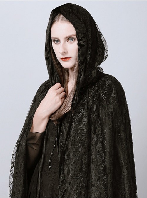 Steam Punk Gothic Dark Mystical Sacrifice Black Lace Women's Long Cloak