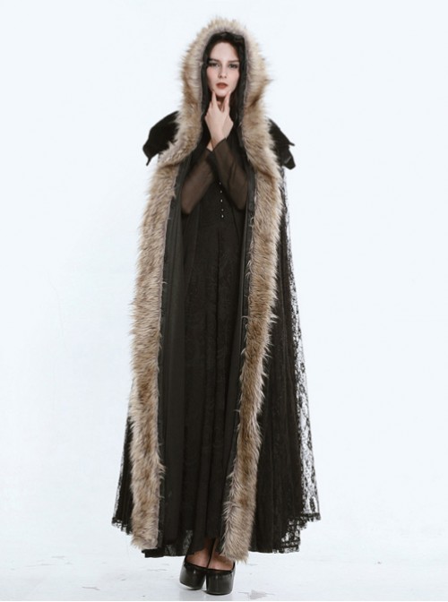 Steam Punk Gothic Dark Mystical Sacrifice Fur Collar Black Lace Women's Long Cloak