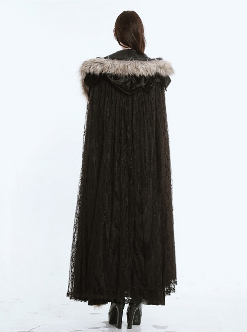Steam Punk Gothic Dark Mystical Sacrifice Fur Collar Black Lace Women's Long Cloak