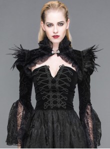 Gothic Palace Style Black Lace Feather Stand Collar Lotus Leaf Sleeve Super Short Shawl