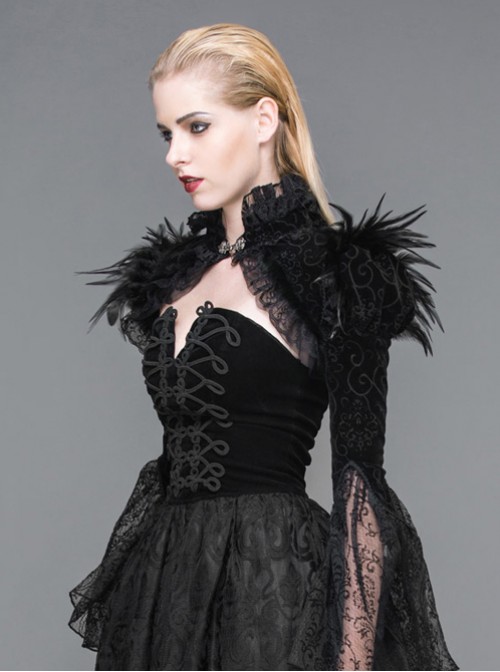 Gothic Palace Style Black Lace Feather Stand Collar Lotus Leaf Sleeve Super Short Shawl