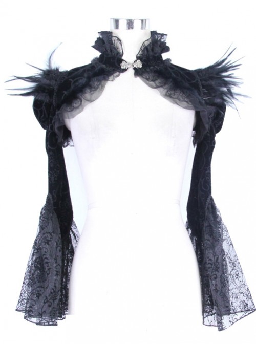 Gothic Palace Style Black Lace Feather Stand Collar Lotus Leaf Sleeve Super Short Shawl