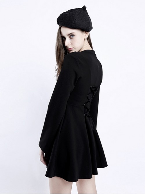 Punk Gothic Black Hanging Neck High Waist Slim Fit Long Sleeve Dress