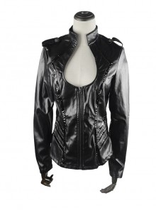 Punk Black Sexy Low-cut Thin Military Uniform Leather Jacket