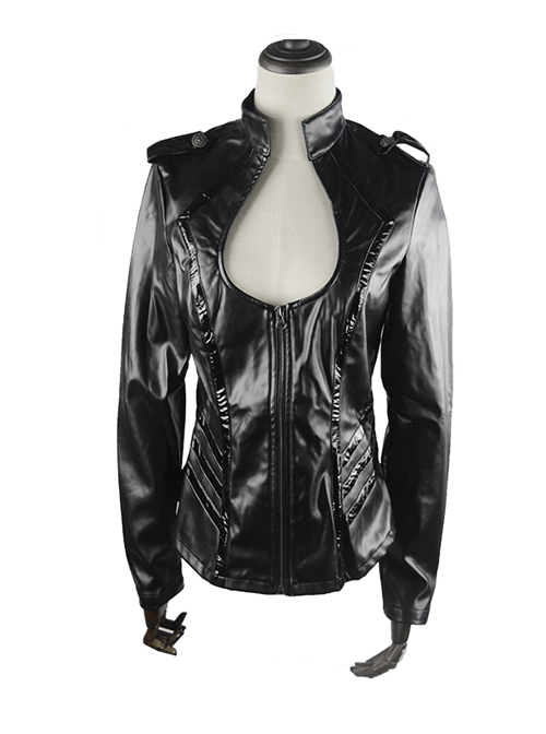 Punk Black Sexy Low-cut Thin Military Uniform Leather Jacket