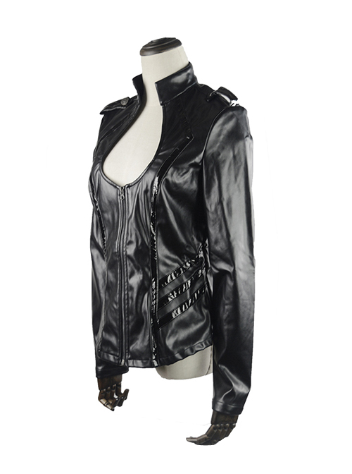 Punk Black Sexy Low-cut Thin Military Uniform Leather Jacket