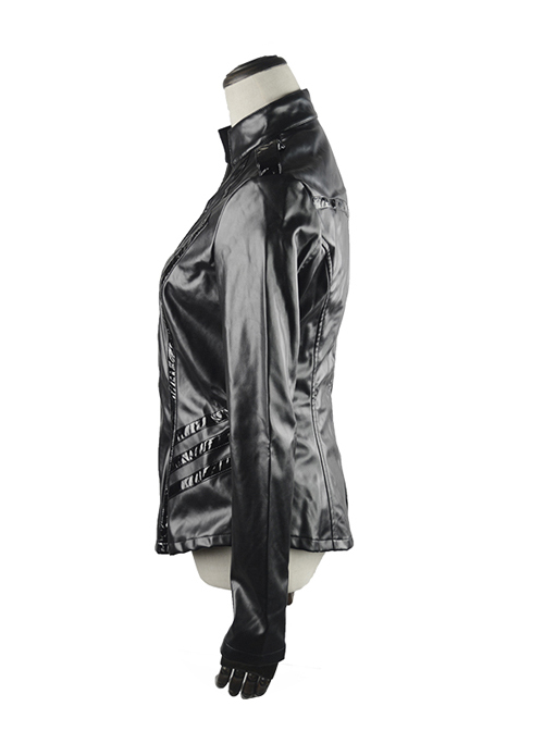 Punk Black Sexy Low-cut Thin Military Uniform Leather Jacket