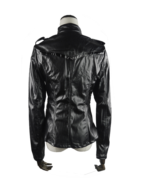 Punk Black Sexy Low-cut Thin Military Uniform Leather Jacket