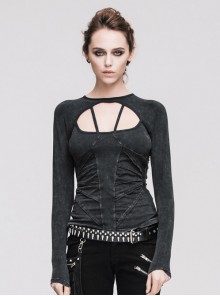 Steam Punk Gothic Do The Old Slim Fit Hollow Out Backless Long Sleeve T-shirt