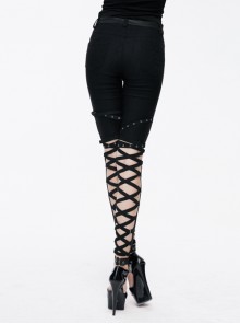 Punk Black Cross Binding Bands Slim Fit Sexy Pencil Pants