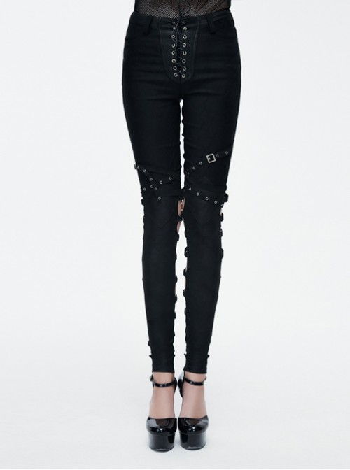 Punk Black Cross Binding Bands Slim Fit Sexy Pencil Pants