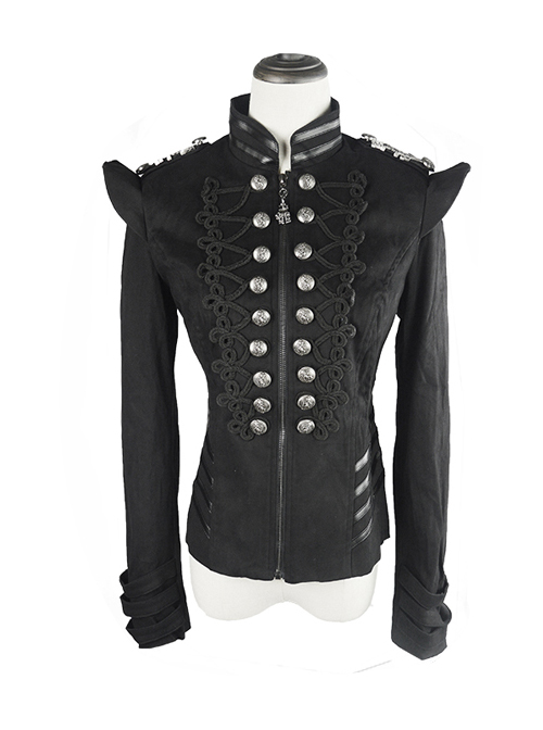 Gothic Black Embroidery Metal Military Uniform Clasp Stand Collar Slim Fit Short Jacket For Women