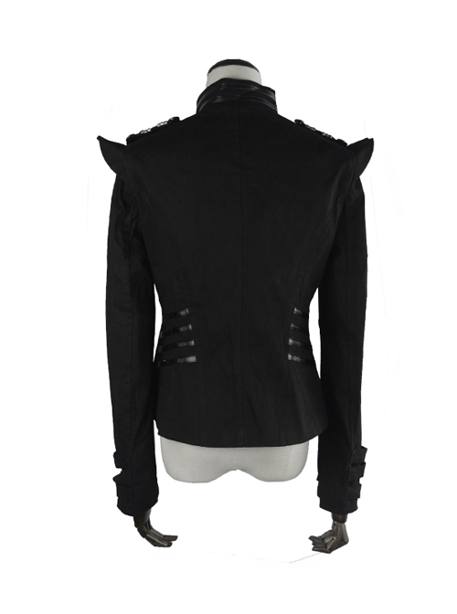 Gothic Black Embroidery Metal Military Uniform Clasp Stand Collar Slim Fit Short Jacket For Women