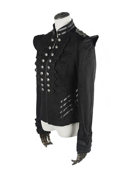 Gothic Black Embroidery Metal Military Uniform Clasp Stand Collar Slim Fit Short Jacket For Women