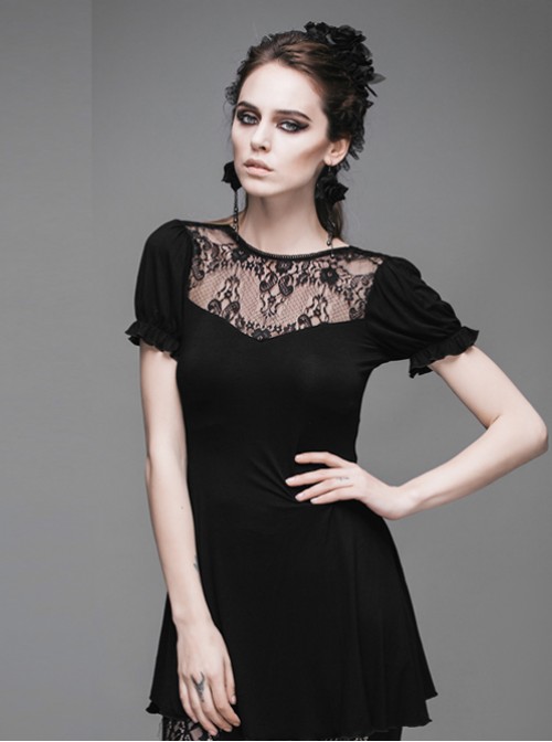 Steam Punk Gothic Lace Embroidery Long-style T-shirt Short Sleeve Short-style Dress