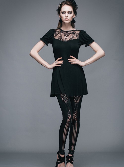 Steam Punk Gothic Lace Embroidery Long-style T-shirt Short Sleeve Short-style Dress