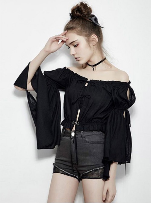 Gothic Black Flare Sleeve Off-shoulder Short Sleeve Shirt