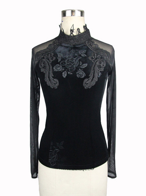 Black Embroidered Slim High Collar Retro Gothic Women' Long Sleeve T-shirt