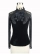 Black Embroidered Slim High Collar Retro Gothic Women' Long Sleeve T-shirt