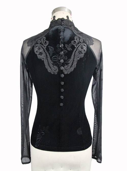 Black Embroidered Slim High Collar Retro Gothic Women' Long Sleeve T-shirt