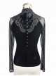 Black Embroidered Slim High Collar Retro Gothic Women' Long Sleeve T-shirt