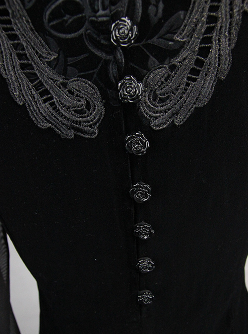 Black Embroidered Slim High Collar Retro Gothic Women' Long Sleeve T-shirt