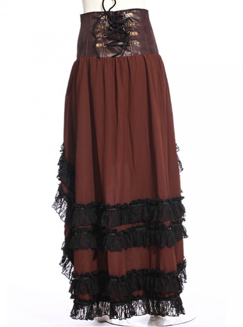 Steampunk Irregular Front Short After Long High Waist Lace-up Skirt