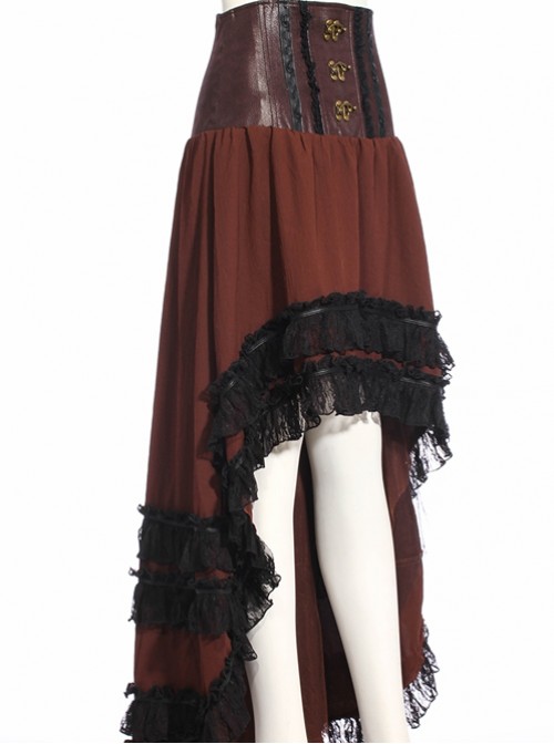 Steampunk Irregular Front Short After Long High Waist Lace-up Skirt