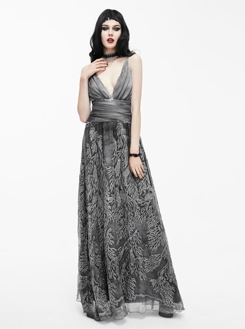 Queen Silver Low V-neck Silk Sling Long Dress