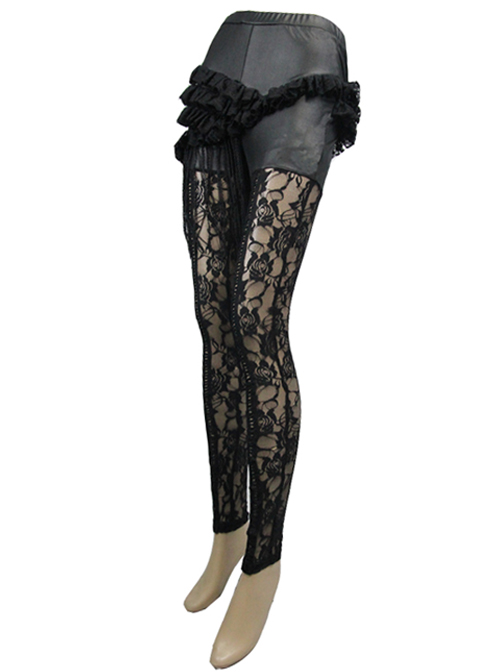 Steampunk Gothic Black Hollowed Out Lace Fake Two Pieces Leggings