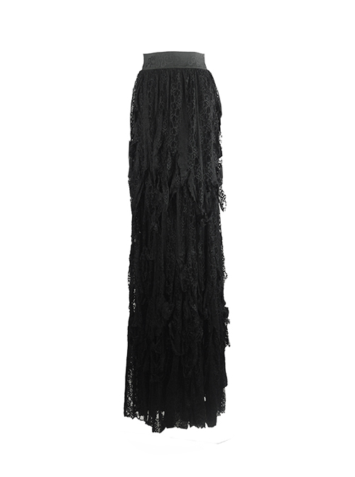 Gothic Retro Black Lace Embroidery Big Hem Long Skirt