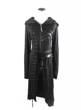 Punk Dark Asymmetric Hem Hooded Long Woolen Coat