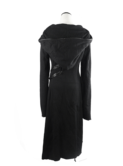 Punk Dark Asymmetric Hem Hooded Long Woolen Coat