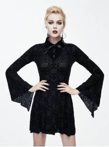 Black Bowknot Trumpet Sleeve Gothic Lapel Long Sleeve Dress