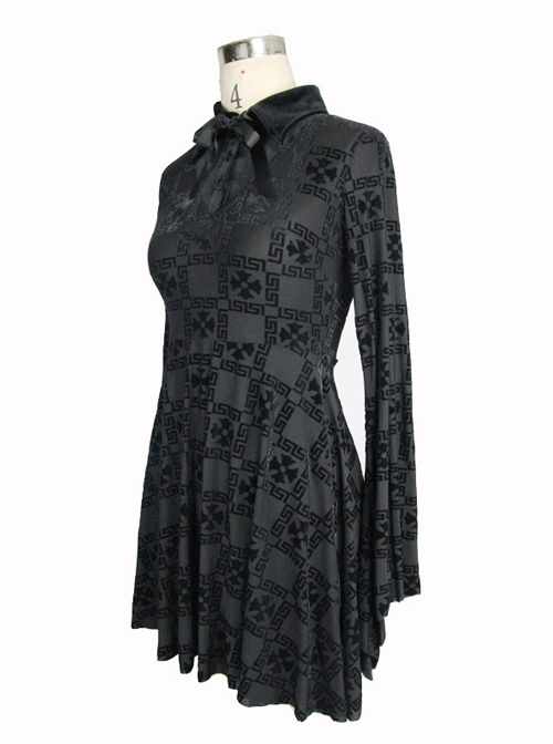 Black Bowknot Trumpet Sleeve Gothic Lapel Long Sleeve Dress