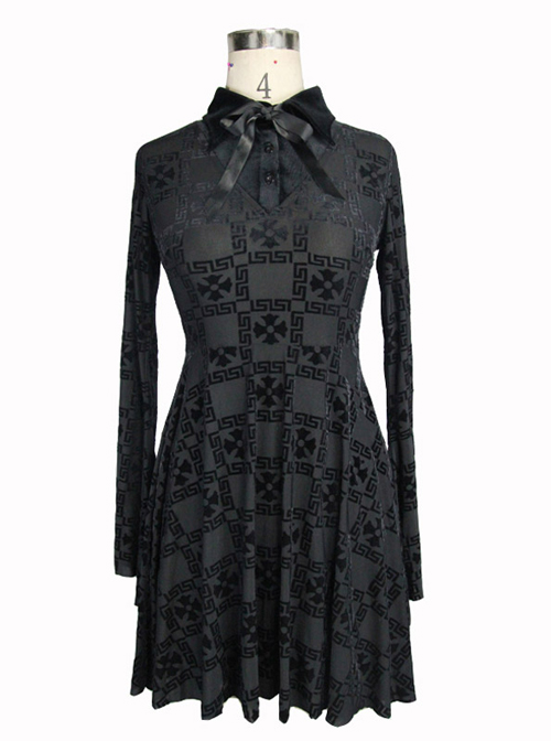 Black Bowknot Trumpet Sleeve Gothic Lapel Long Sleeve Dress