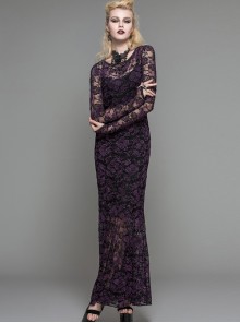 Purple Lace Perspective Backless Sexy Slim Gothic Long Sleeve Long Dress