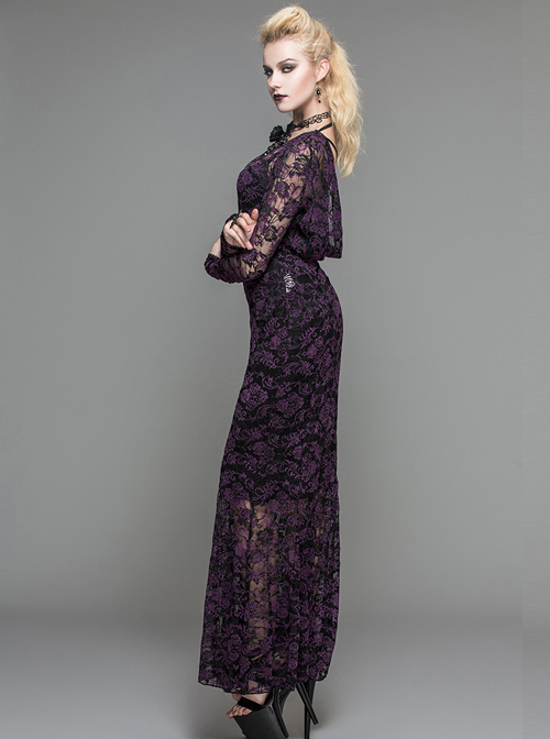 Purple Lace Perspective Backless Sexy Slim Gothic Long Sleeve Long Dress