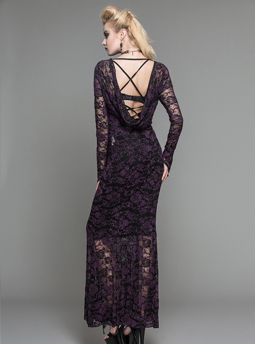 Purple Lace Perspective Backless Sexy Slim Gothic Long Sleeve Long Dress