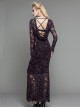 Purple Lace Perspective Backless Sexy Slim Gothic Long Sleeve Long Dress