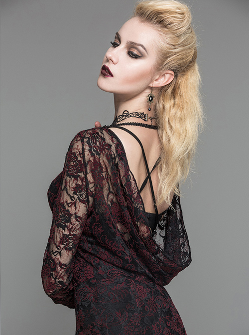 Purple Lace Perspective Backless Sexy Slim Gothic Long Sleeve Long Dress