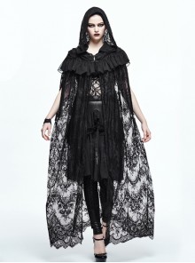 Gothic Halloween Black Lace Witch Perspective Hooded Long Cloak