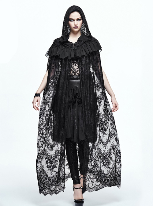 Gothic Halloween Black Lace Witch Perspective Hooded Long Cloak