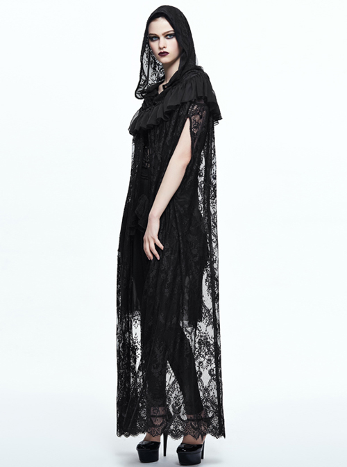 Gothic Halloween Black Lace Witch Perspective Hooded Long Cloak