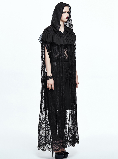 Gothic Halloween Black Lace Witch Perspective Hooded Long Cloak